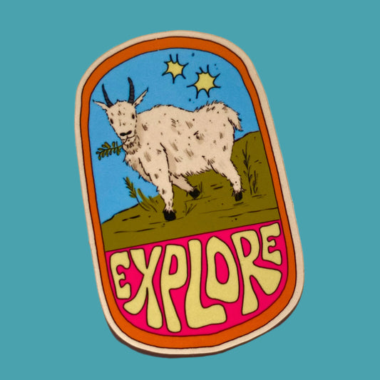 Sticker with a goat and 'EXPLORE' text on a textured background
